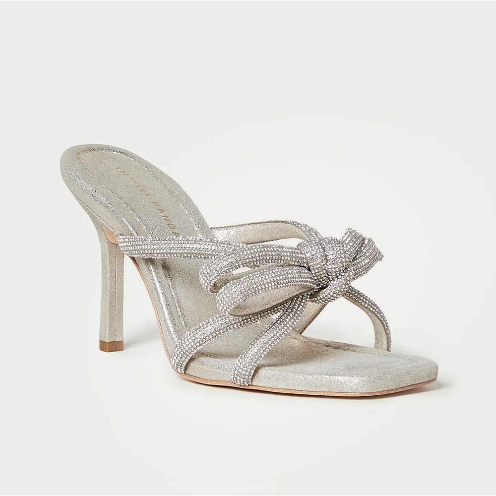 NWB Loeffler Randall Margi Bow Heeled Sandals in Cappuccino Rhinestone sz 7